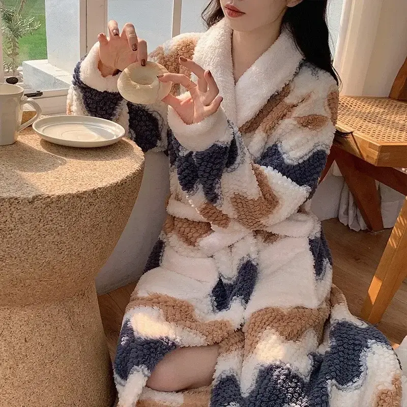 Women's Pajamas Cute Pajama sleepwear Warm Robe Long Homewear Bathrobe Plus Velvet Warmth Coral Fleece