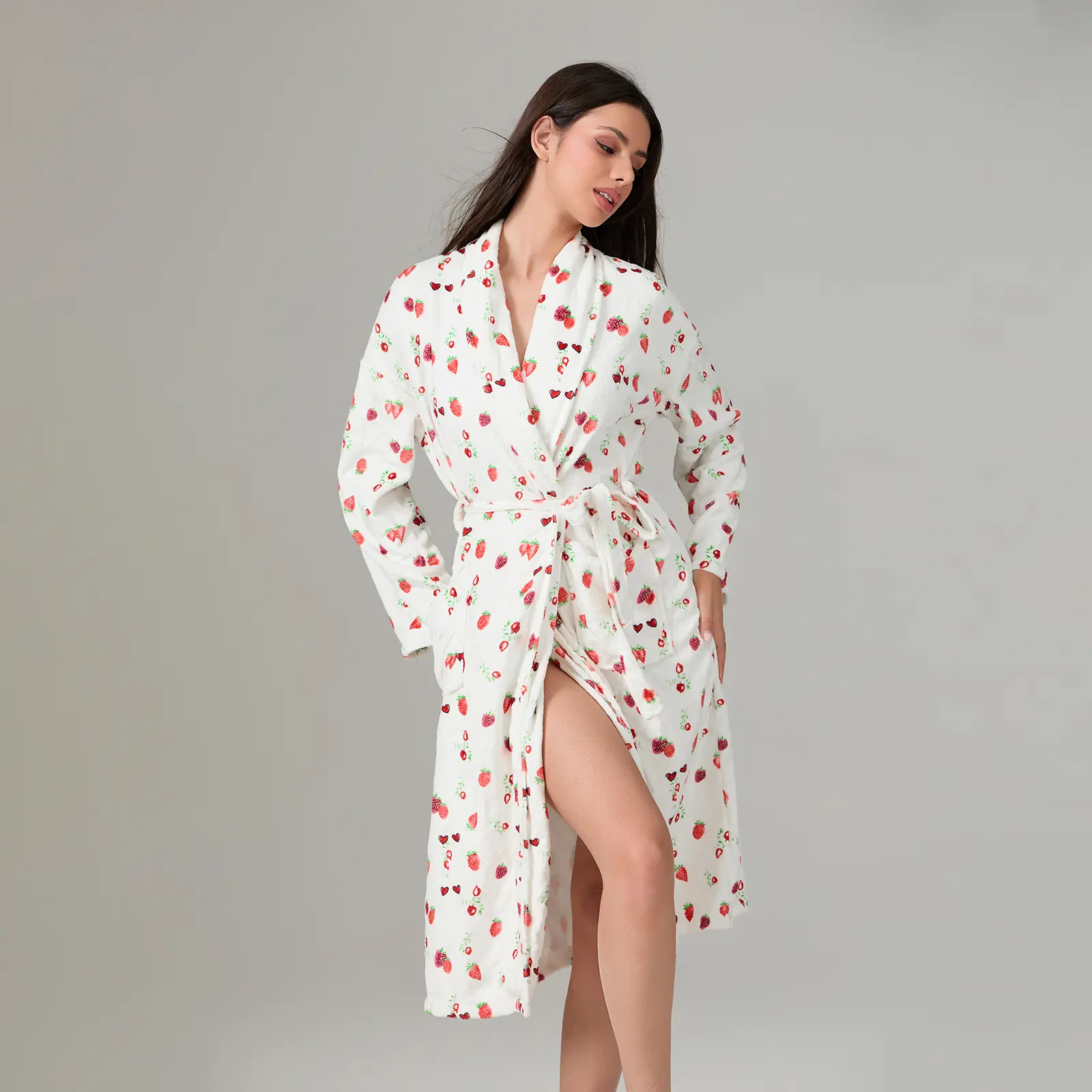 Women Robe Belted Long Sleeve Loose Warm Bathrobe