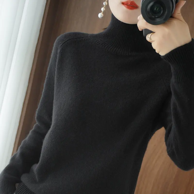 Women Turtleneck Sweater Elegant Slim Solid Ribbed Knitted