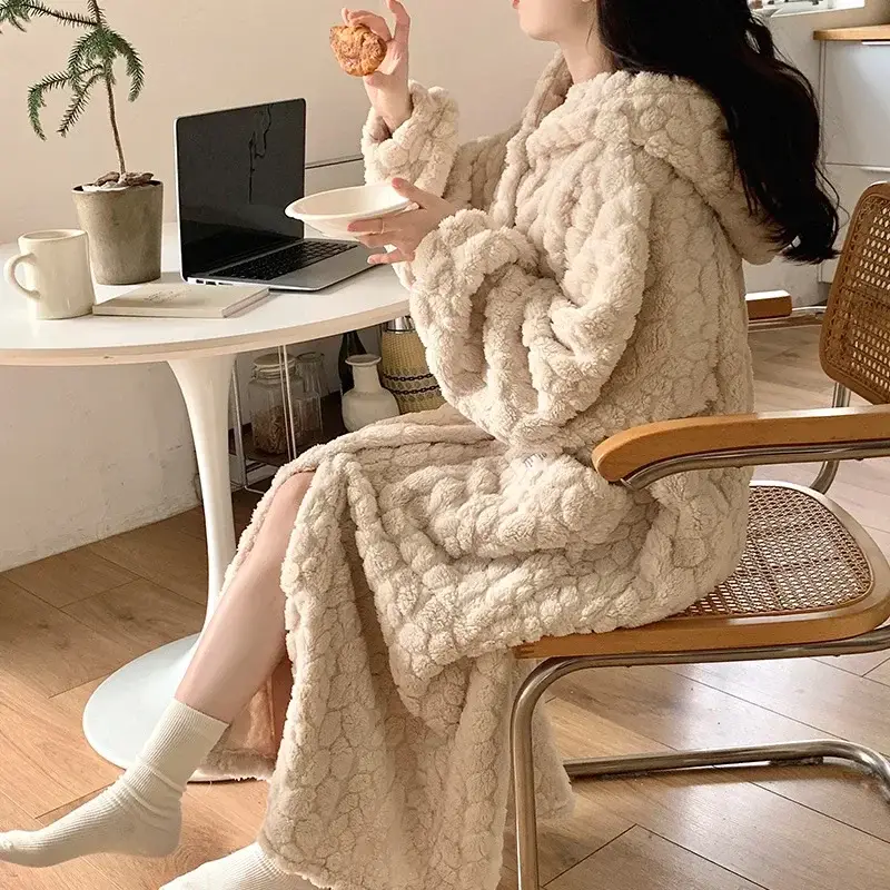 Pocket Robe for Women Sleepwear Winter Nightdress Night Wears Warm Fleece Pajama One Piece Nightgown Hooded Sleeping Homewear
