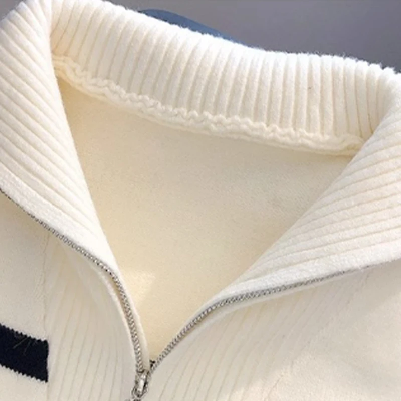 Fashion Striped Zippered Lapel Long Sleeve Loose Casual Knitted Sweater For Women