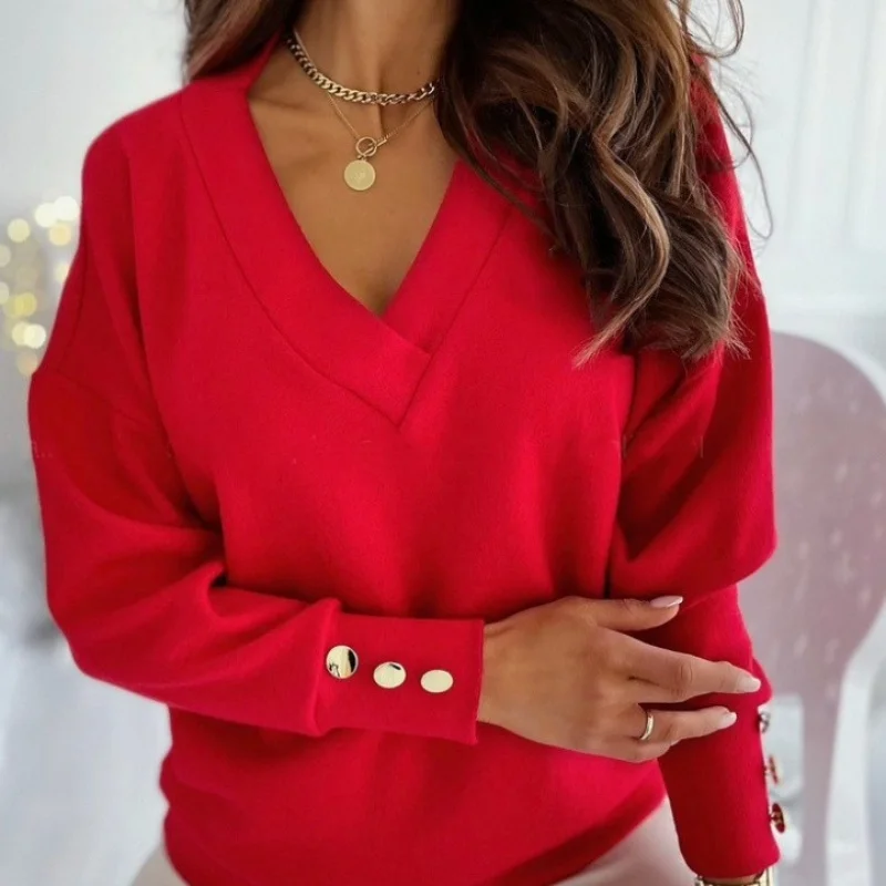 Women Pure Soft Long Sleeve Sweater V-neck Fashion