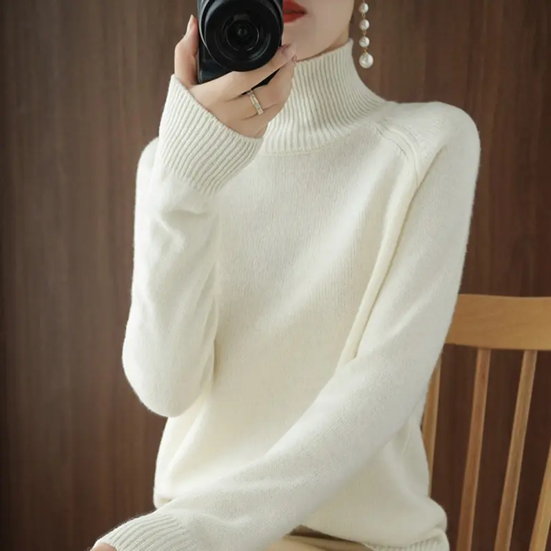 Women Turtleneck Sweater Elegant Slim Solid Ribbed...