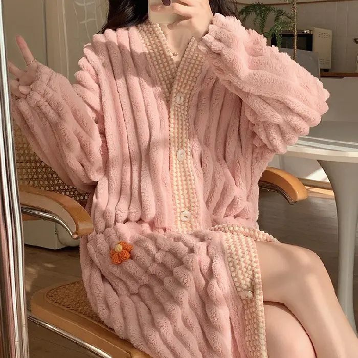 Thicken Warm Flannel Sleepwear Long Sleeve Women Loungewear Comfortable Loose Home Clothes Bathrobe