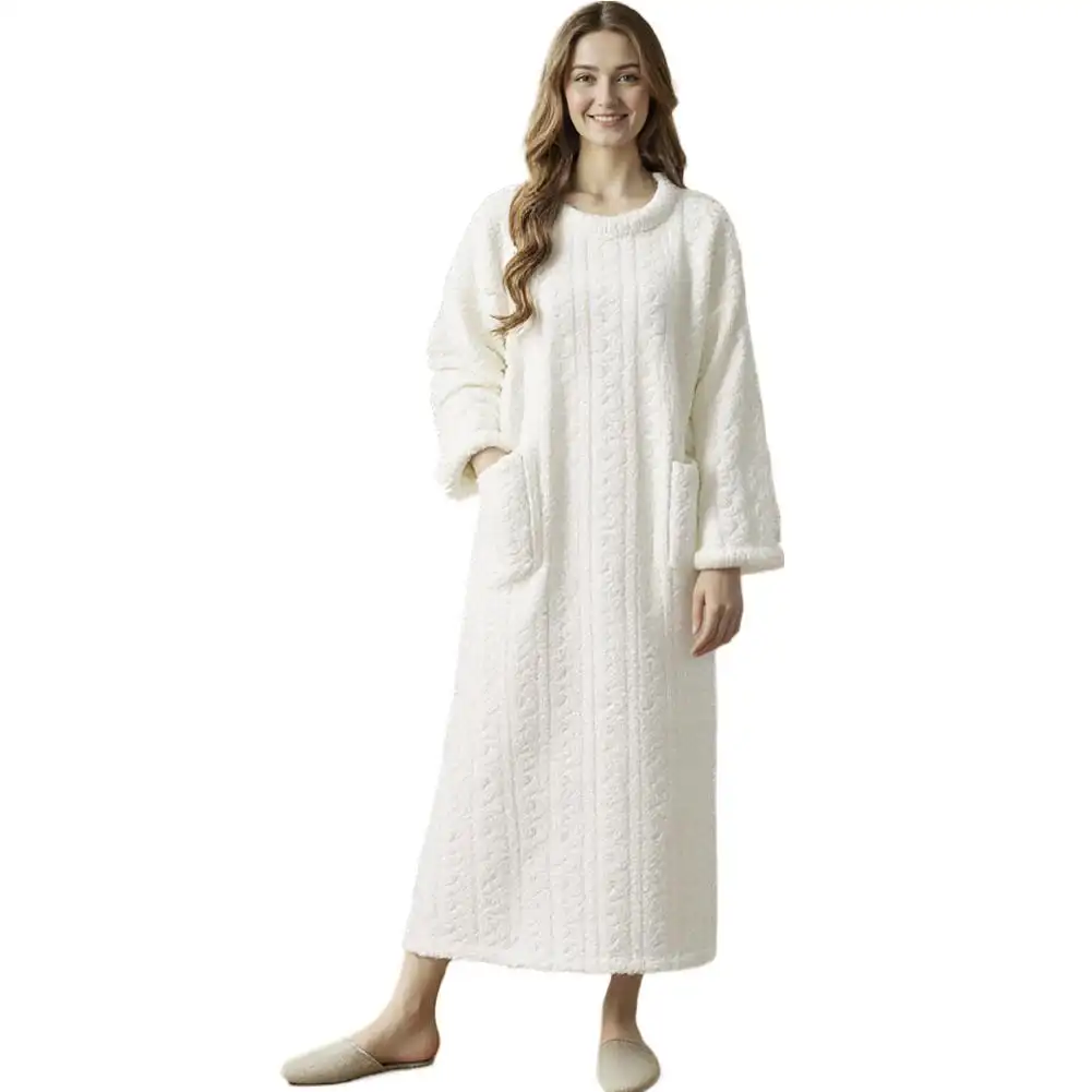 Flannel Nightgowns Long Sleeve Women Loose Double Pocket Solid Sleepwear Night Dress Thickened Warm Nightdress