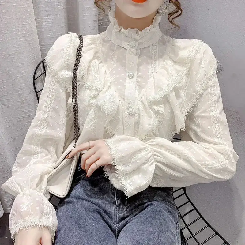 Long-Sleeved, Loose-Fitting Stylish Elegant Stand-Collar Pleated Shirt