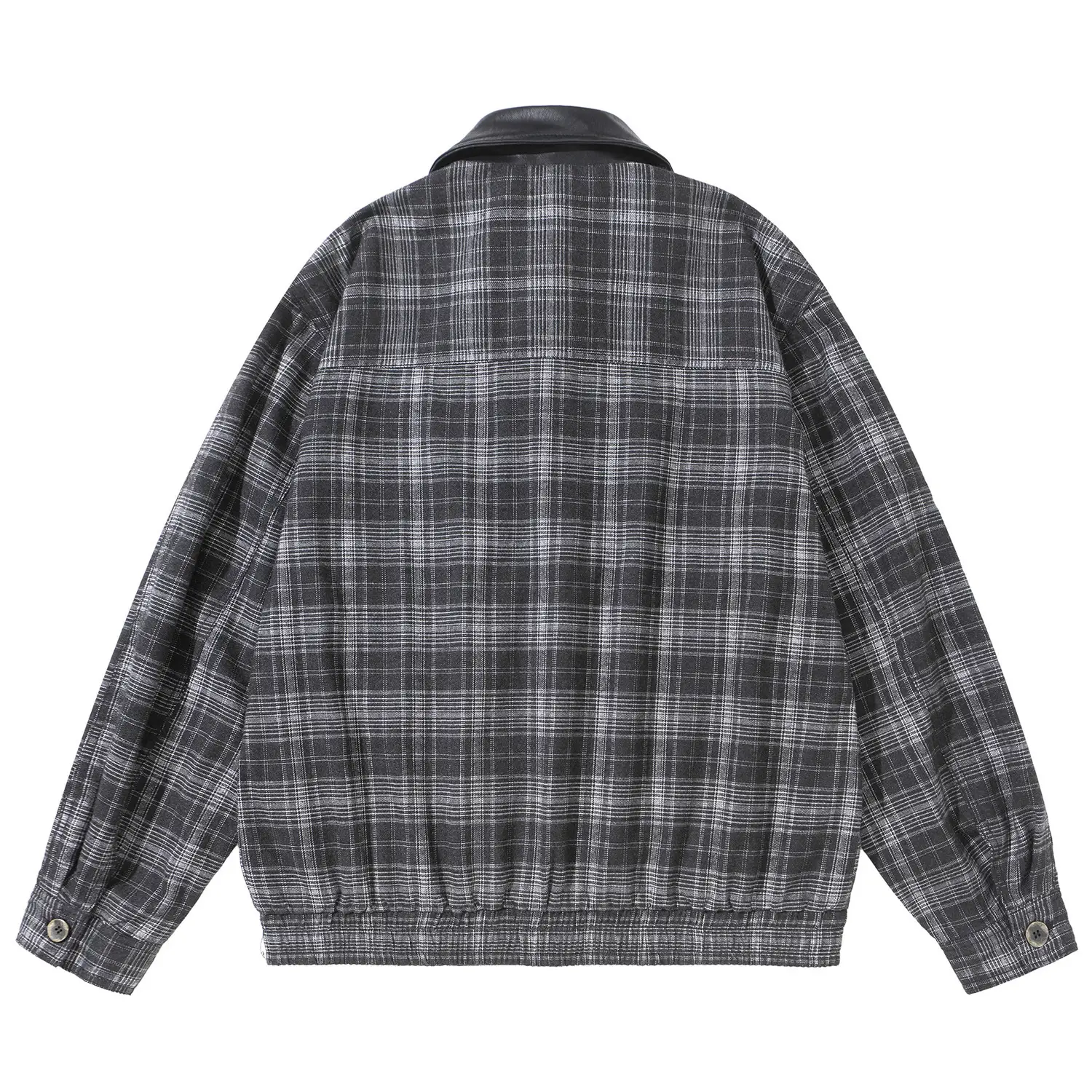 Splice Leather Collar Plaid Coat Men Streetwear Vintage Casual Loose Lapel Plaid Cargo Jacket
