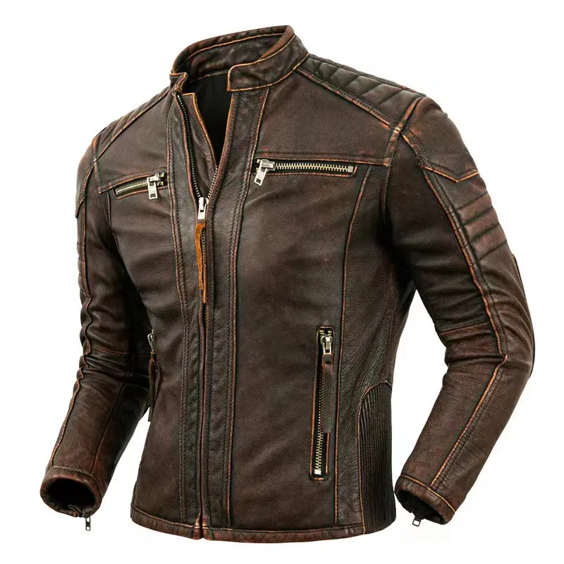 Casual Vintage Leather Coat Men Outfit Fashion Bik...