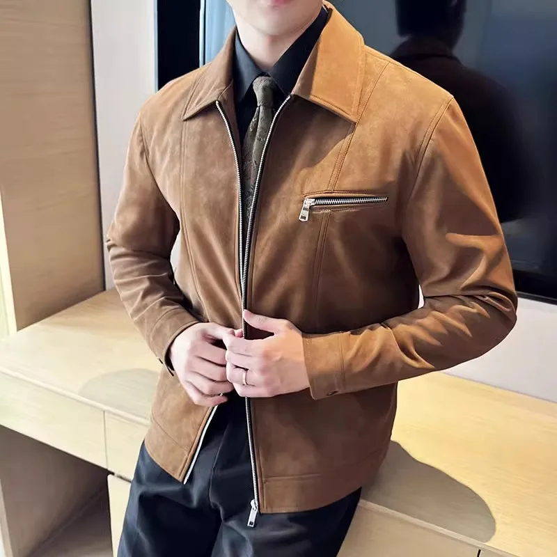 Men's PU Leather Jacket Fashion Zipper Smart Casual Solid Color Outerwear Coat Men Turn Down Collar Leather Jackets