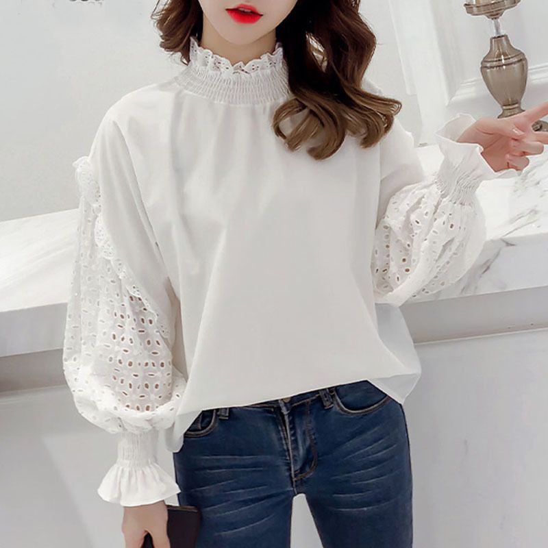 Hollow-Out Lace Patchwork Stand Collar Pullover Shirt