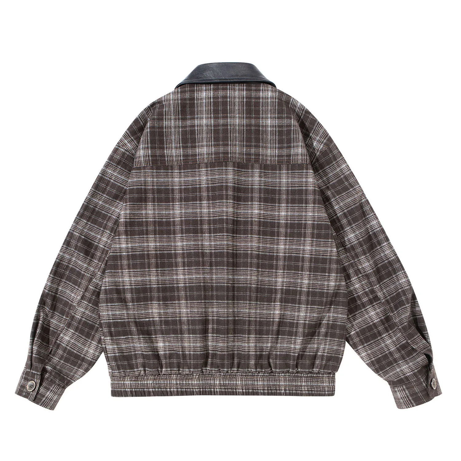 Splice Leather Collar Plaid Coat Men Streetwear Vintage Casual Loose Lapel Plaid Cargo Jacket