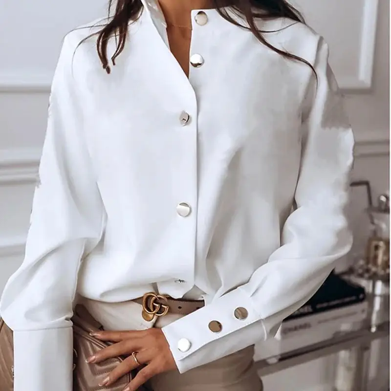 Long-Sleeved Stand-Up Collar Button-Down Women's Shirt