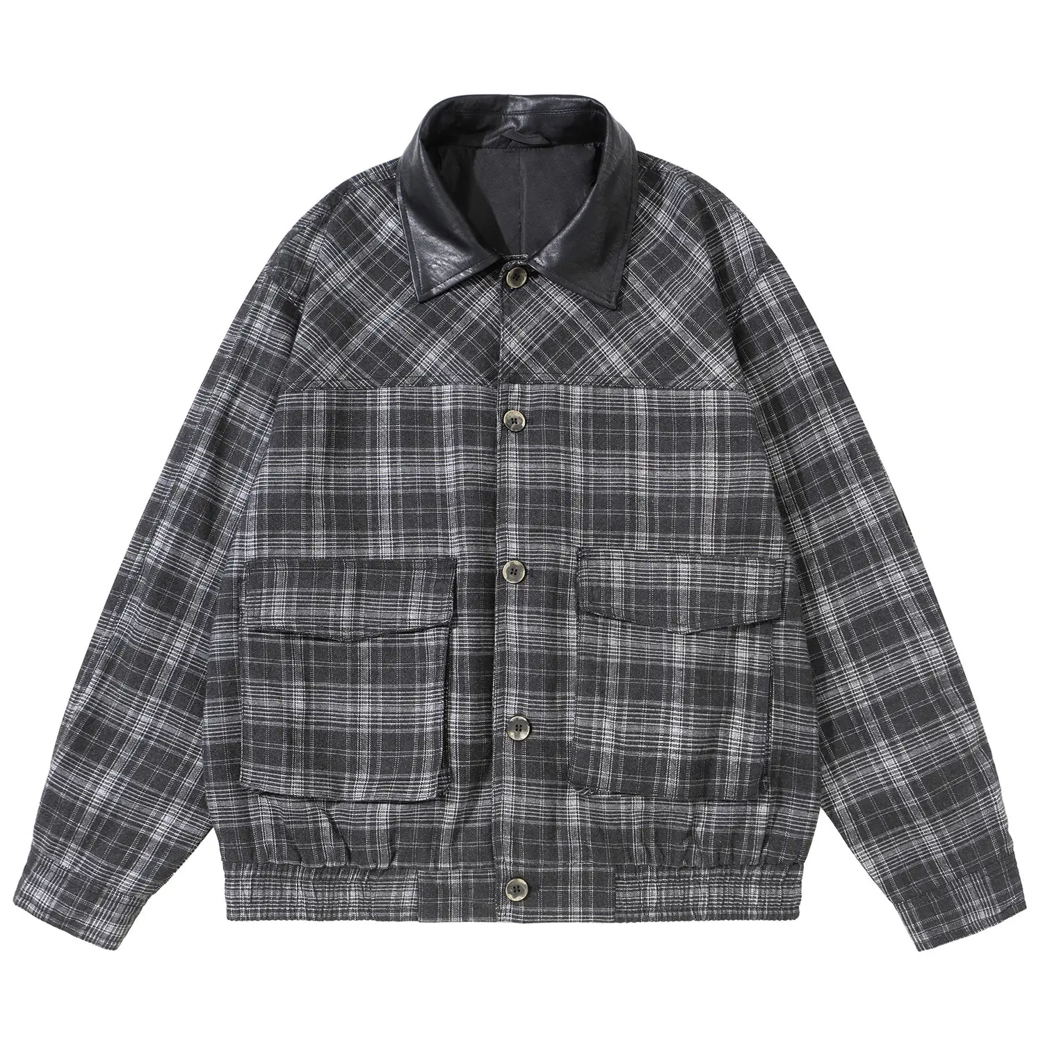 Splice Leather Collar Plaid Coat Men Streetwear Vi...