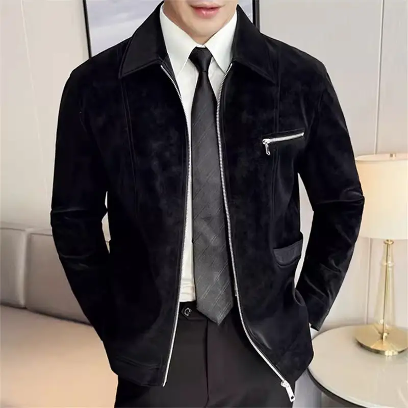 Men's PU Leather Jacket Fashion Zipper Smart Casual Solid Color Outerwear Coat Men Turn Down Collar Leather Jackets