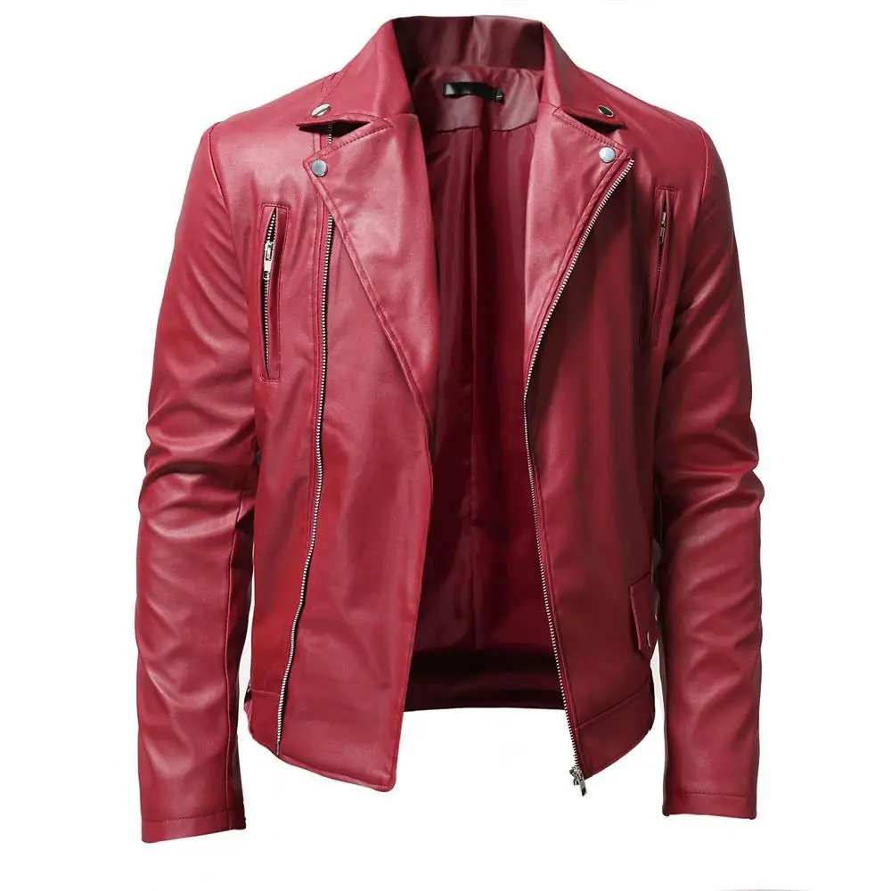Men PU Leather Jacket Solid Color Casual Slim-Fit ...