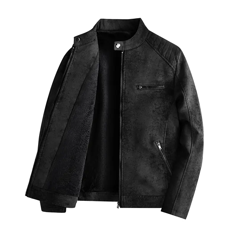 Men's 3D Stereo Lined Leather Jacket Slim Coat Fashion Stand Collar Casual Outerwe