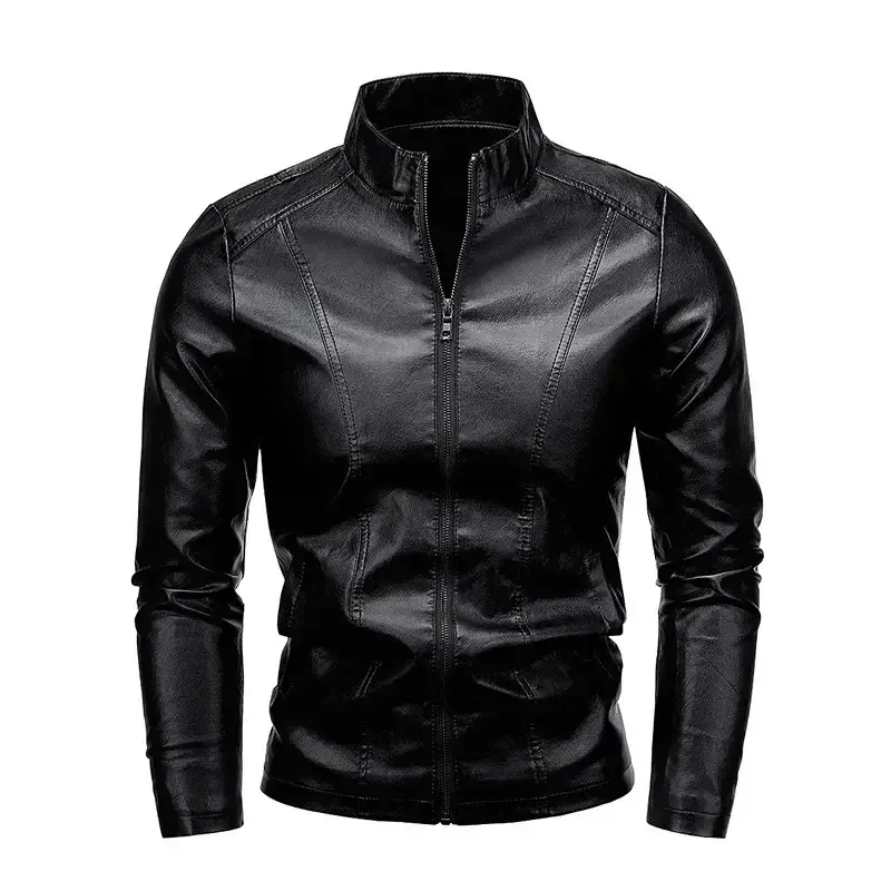 Men's PU Leather Jacket Fashion Stand Collar Coats For Men Outdoor Casual Windbreak Leather Jacket