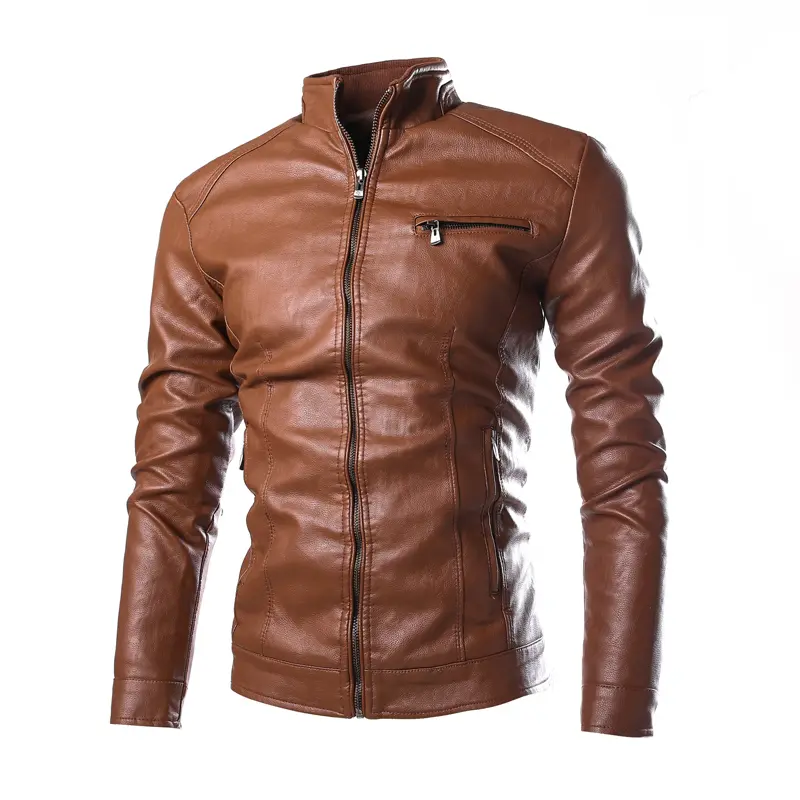Fashion Men's Solid Color Leather Jacket High-Quality PU Leather Stand-Collar Slim Jacket