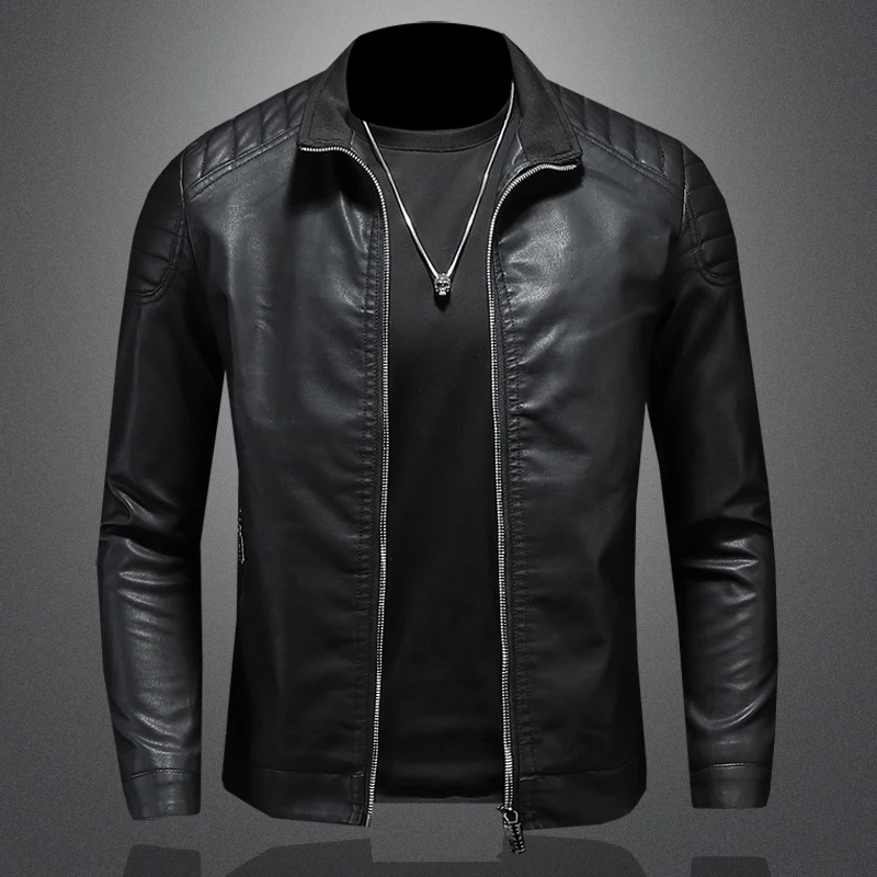 Men's Leather Clothing Fashion Slim Fit Zipper Leather Jacket Solid Casual Jacket Leather Coat