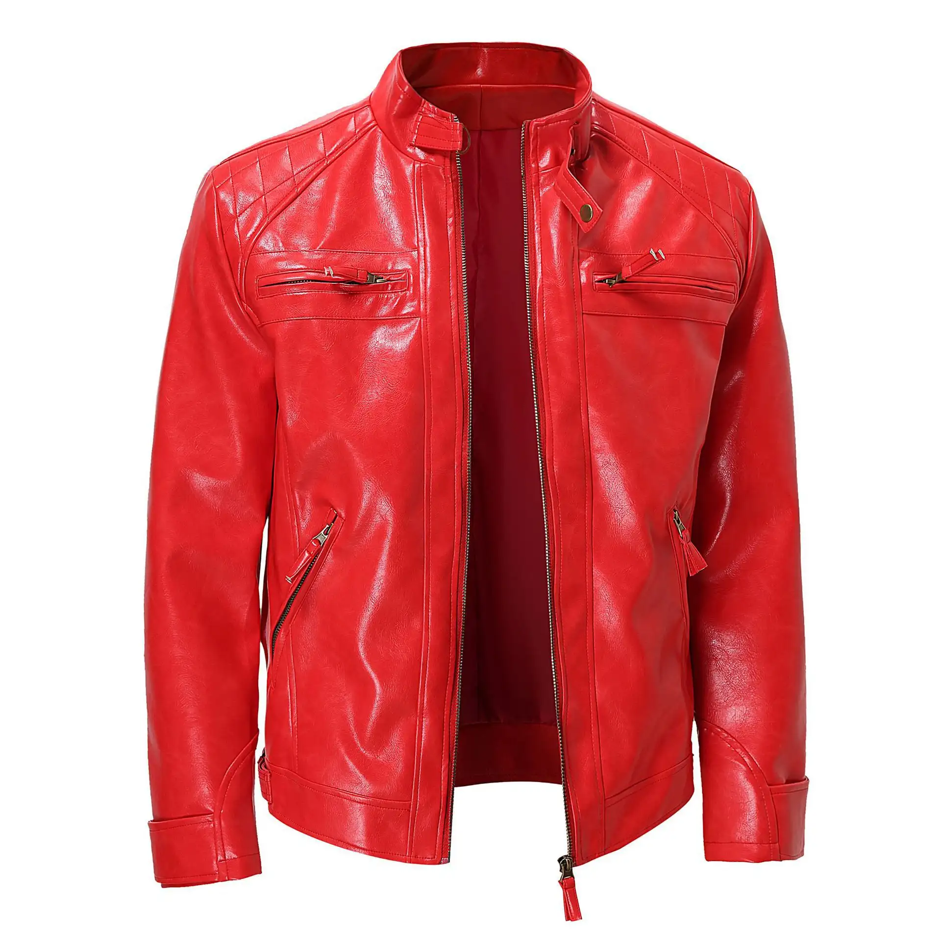 High Quality Faux Leather Jackets Men Stand Collar...