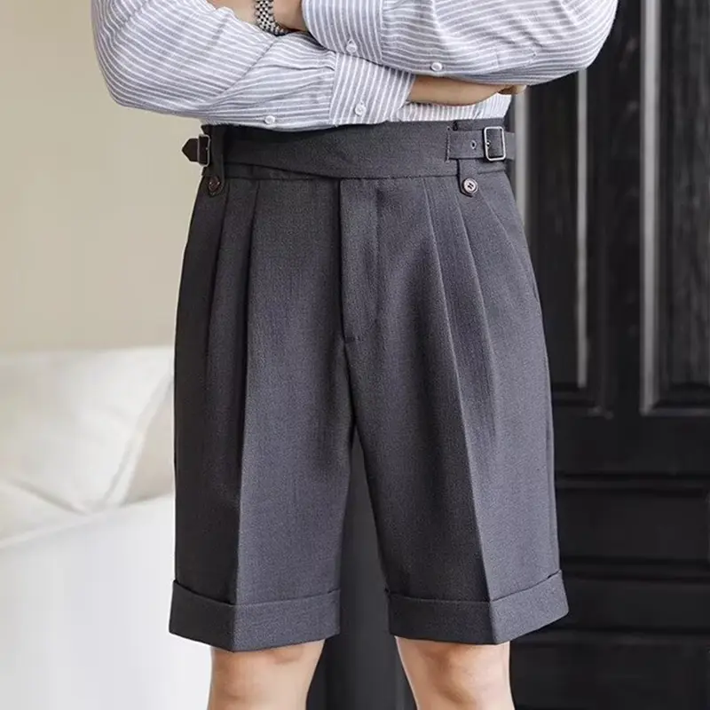 Vintage High Waist Belt-Up Mens Suit Shorts Casual Solid Color Shorts