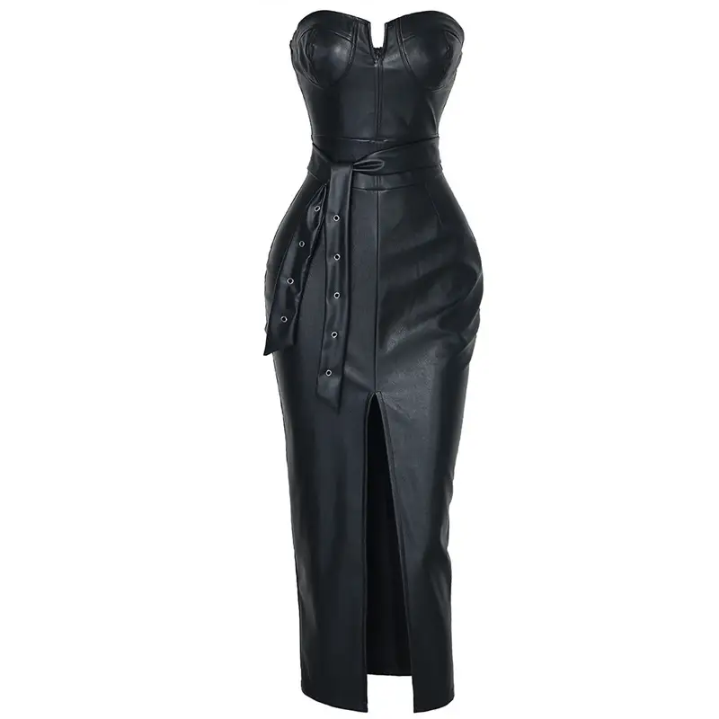 Sexy Strapless Bodycon PU Leather Dress Women Split Drop Draped Dress