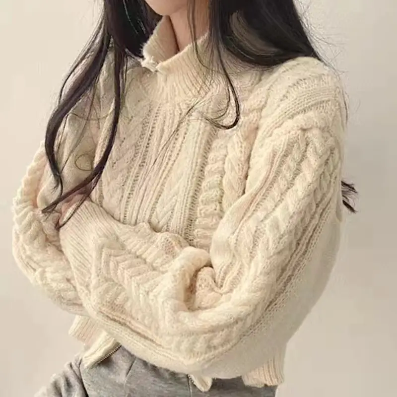 Twists Knit Short Coat Long Sleeve Zipper Sweater Casual Women Cardigan