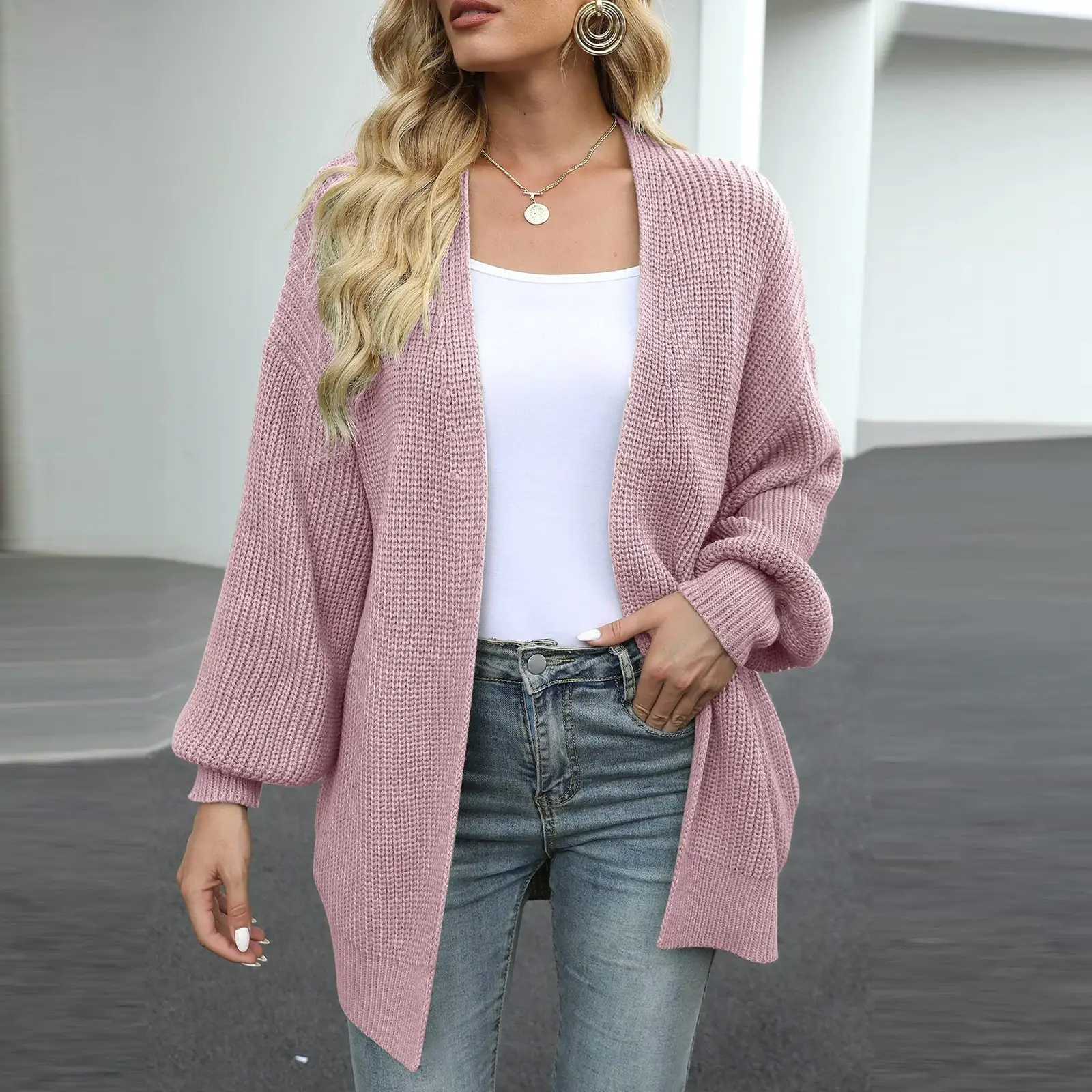 Women Solid Cardigan Sweater Coat Loose Casual Lantern Sleeve