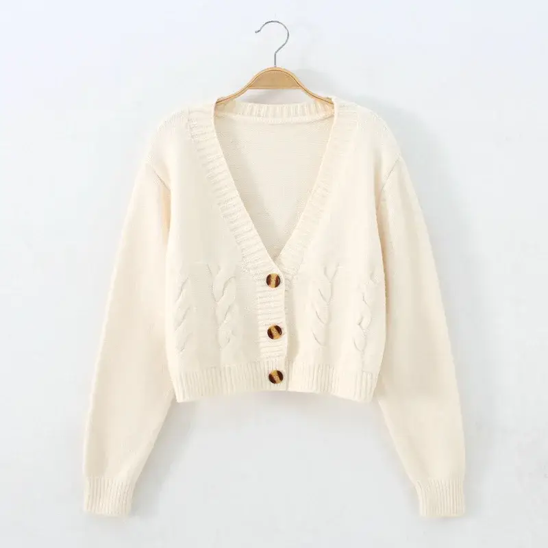 V-Neck Cropped Cardigan Women Long Sleeve Twist Knitted