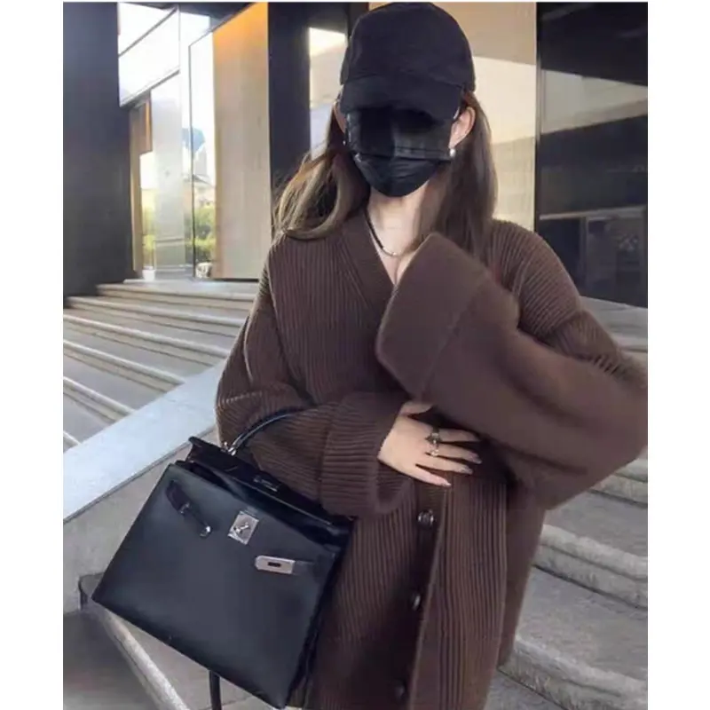 Retro V-neck Sweater Jacket for Women Casual Solid...