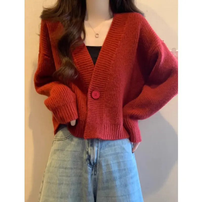 Women's One Button Cardigan Knit Sweater Solid Long Sleeve V-Neck