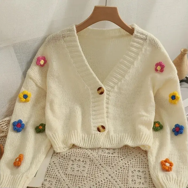 Applique Flower Cardigan for Women Cute Long V-neck Knit Crop Sweater