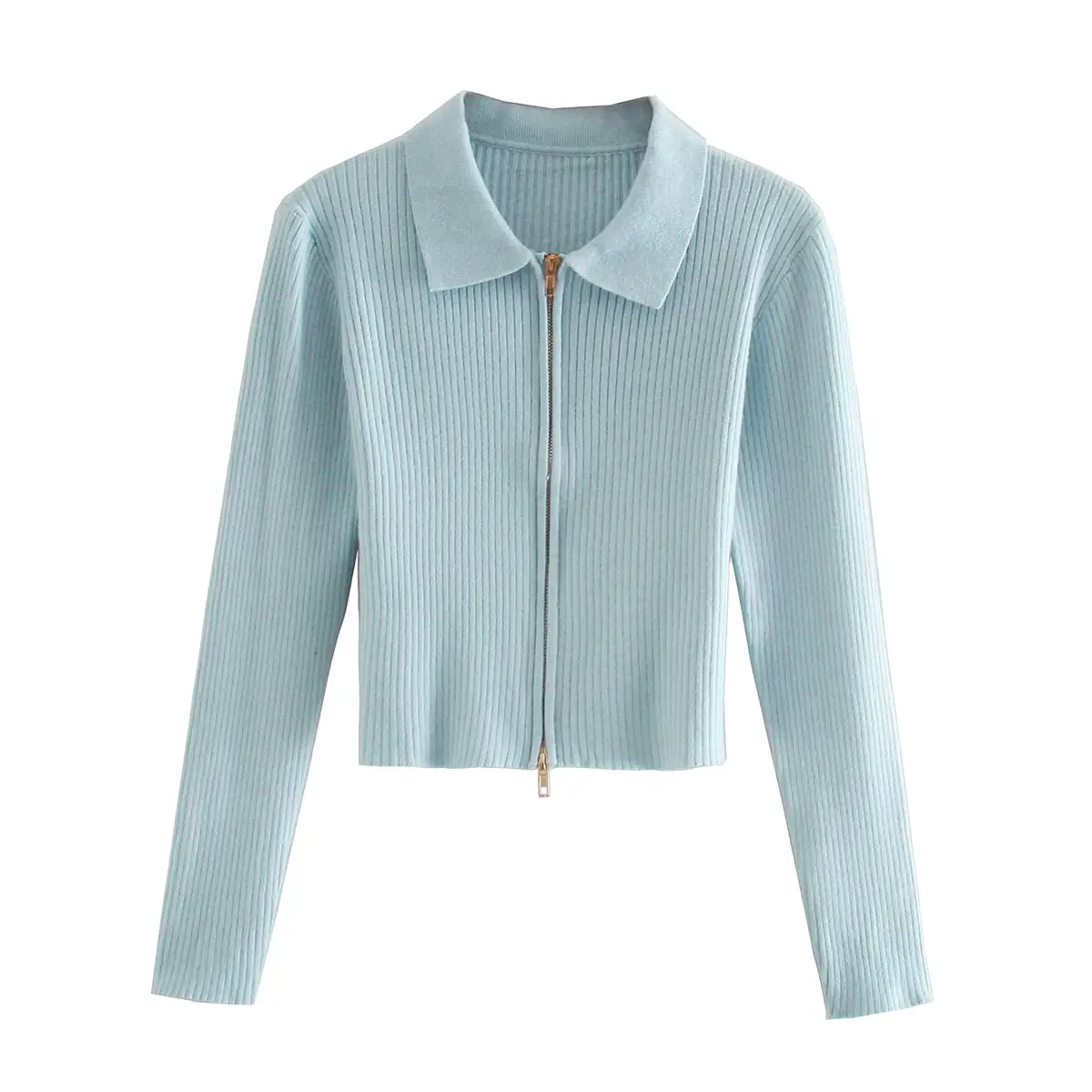 Women Polo Collar Knitted Cardigan Slim Fit Slimming and Short Double-Headed Long-Sleeve Zipper Top