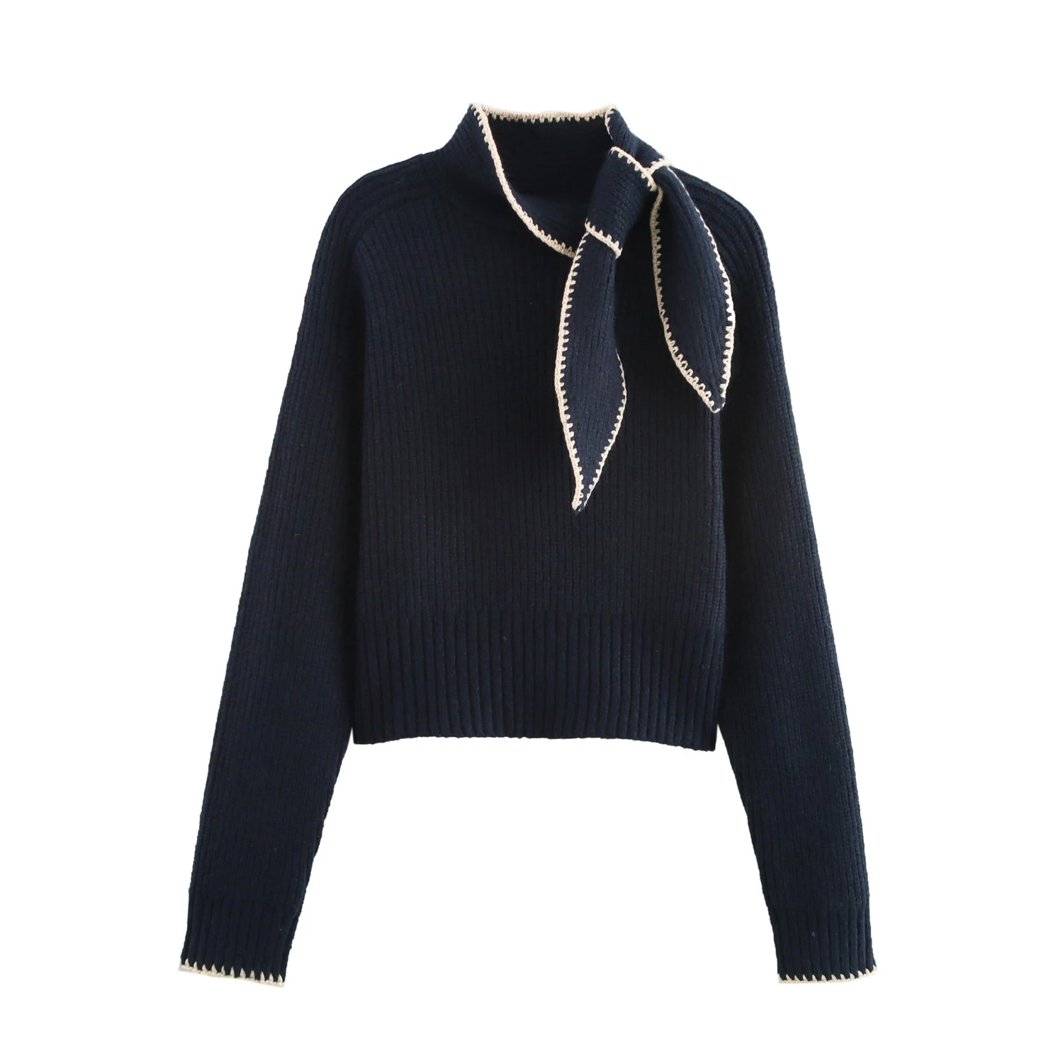 Fashionable Stand up Collar Long Sleeve Bow Decoration Knitted Sweater for Women