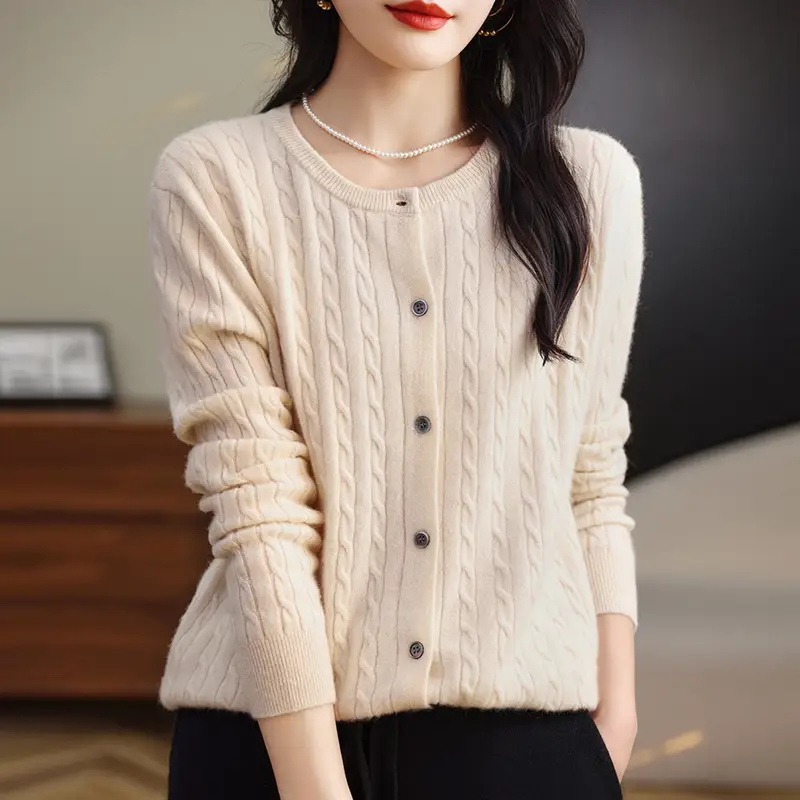 Women Cardigans Long Sleeve Knitted Sweaters O-neck Thick
