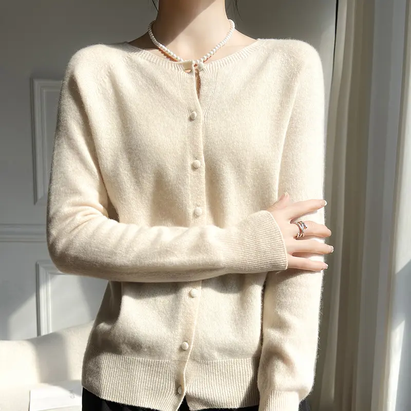 Women 100% Wool Cardigans Sweater Solid Casual Warm Outerwear Knitwear