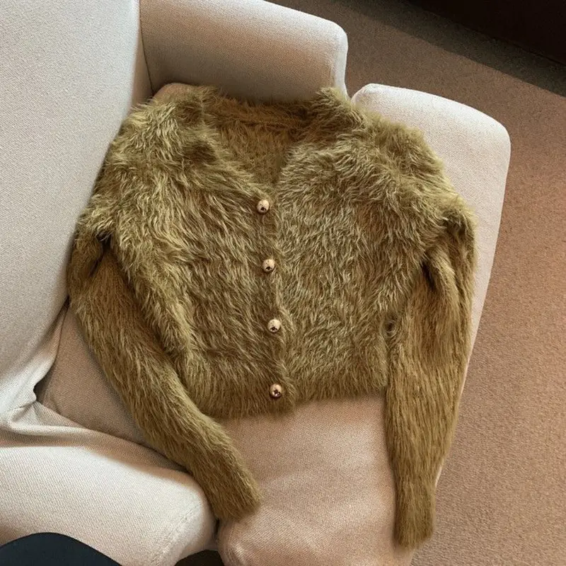 Vintage Cropped Knitted Cardigan Women V-Neck