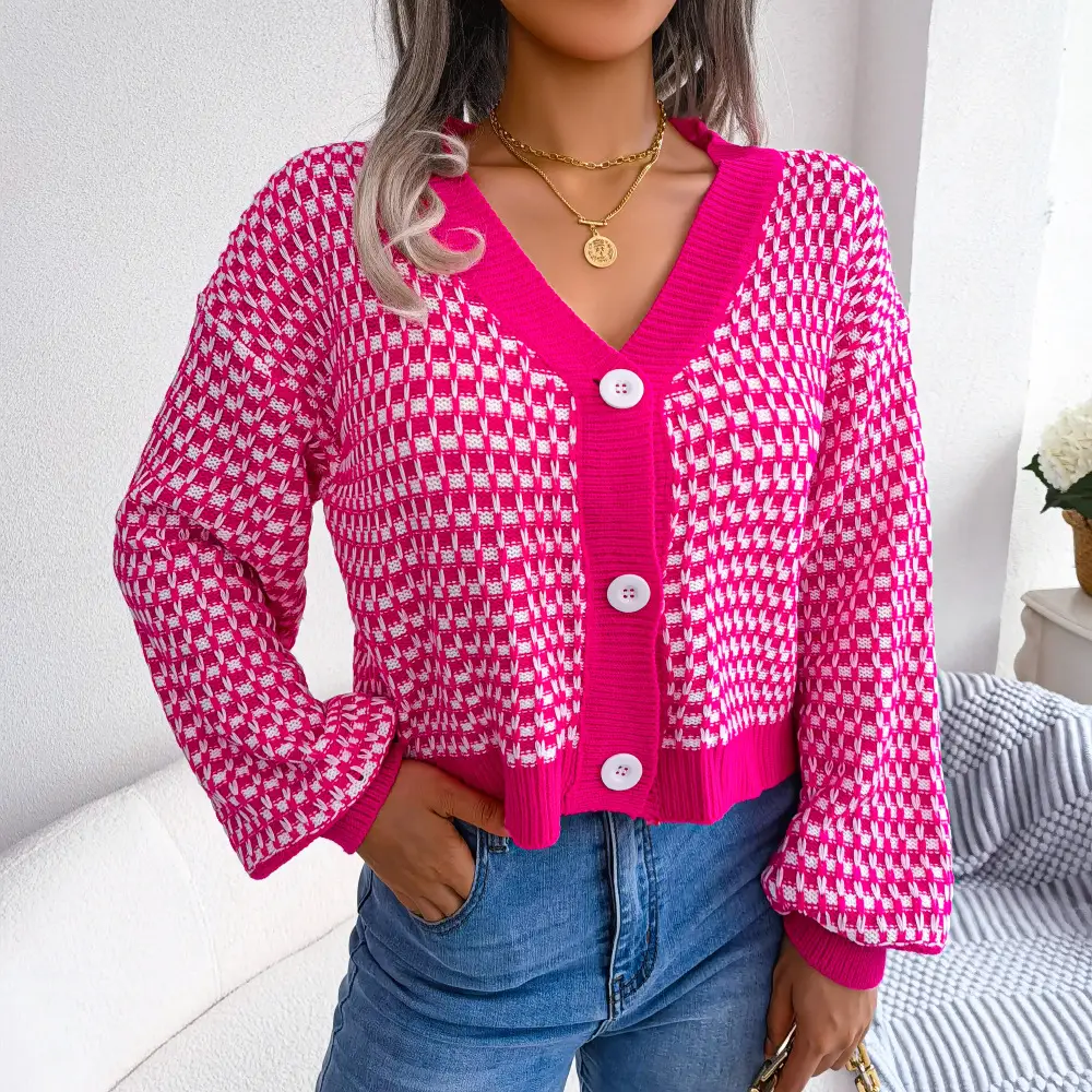 Women's V-Neck Color Block Plaid Knit Cardigan