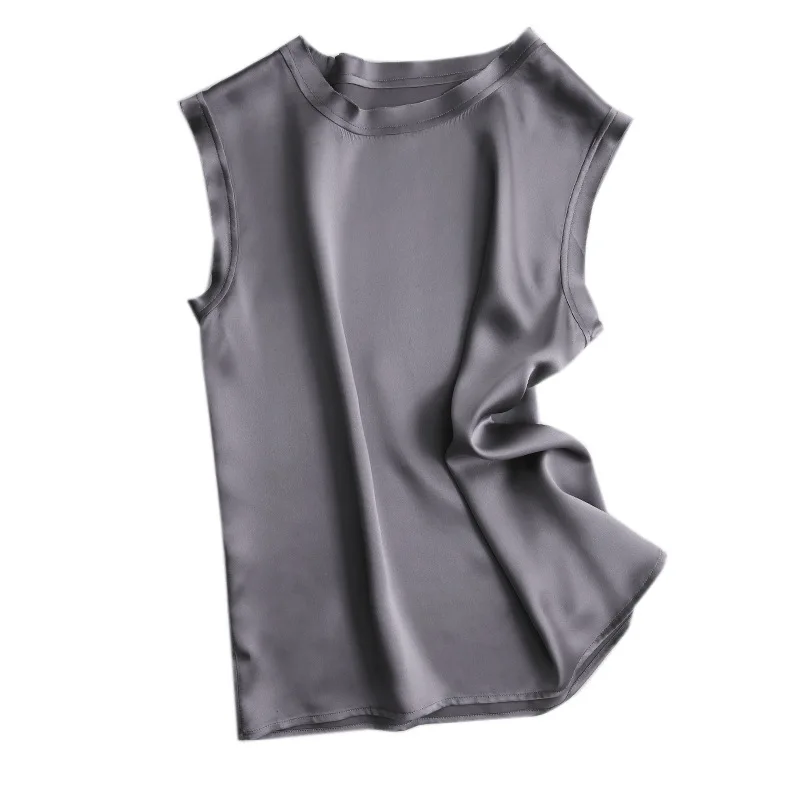 Women Sleeveless Silk Top Summer Satin T-shirt