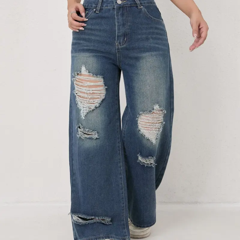 High-Waisted Ripped Loose Wide-Leg Straight Jeans