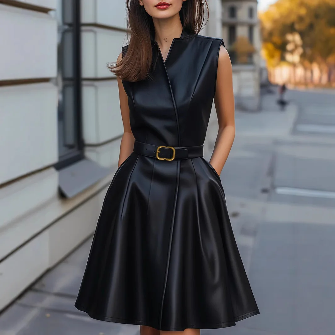PU Leather Dresses Women V-Neck Solid Color Dress Women Sleeveless Elegant