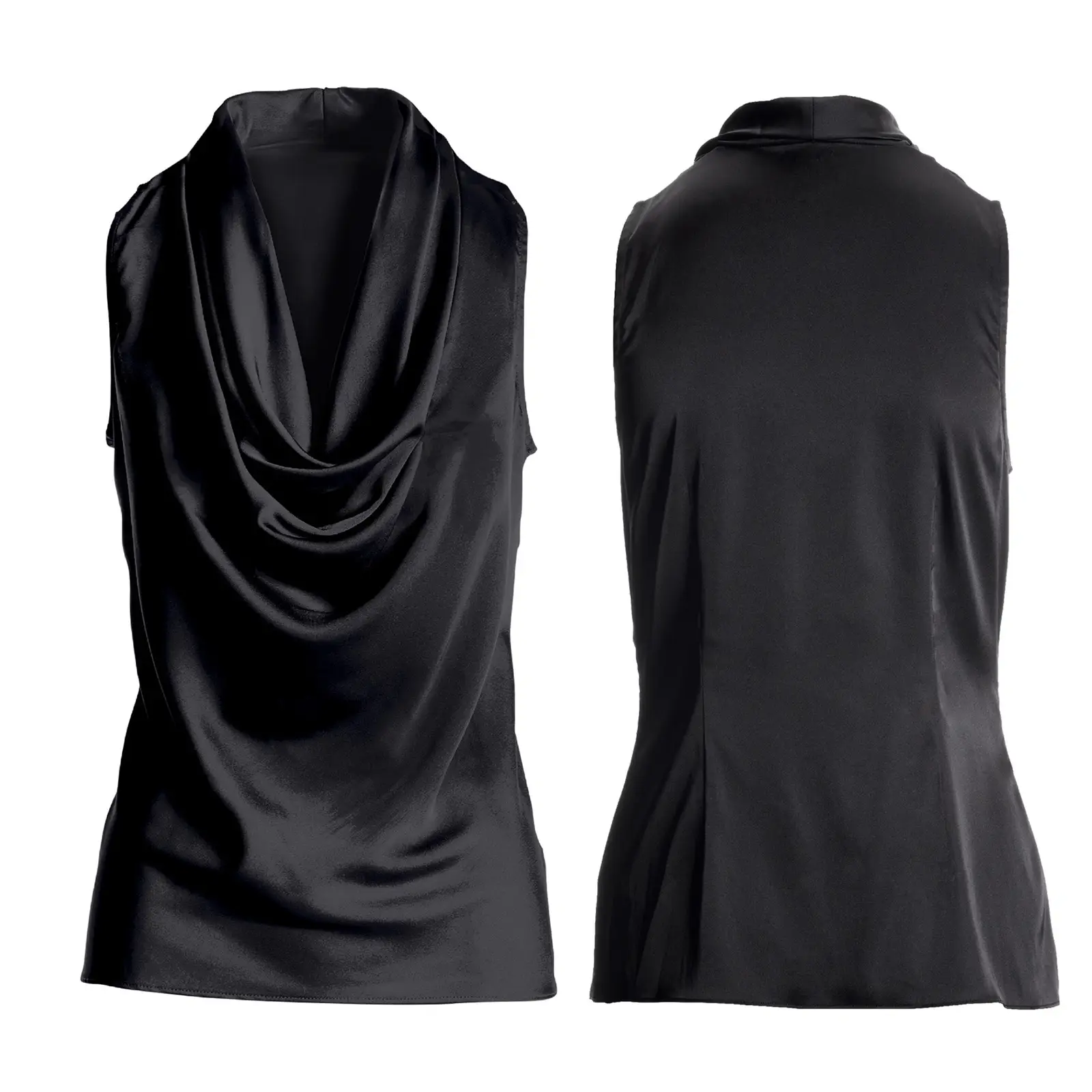 Women Cowl Neck Top Casual Sleeveless Draped Front Basic Cropped Shirt