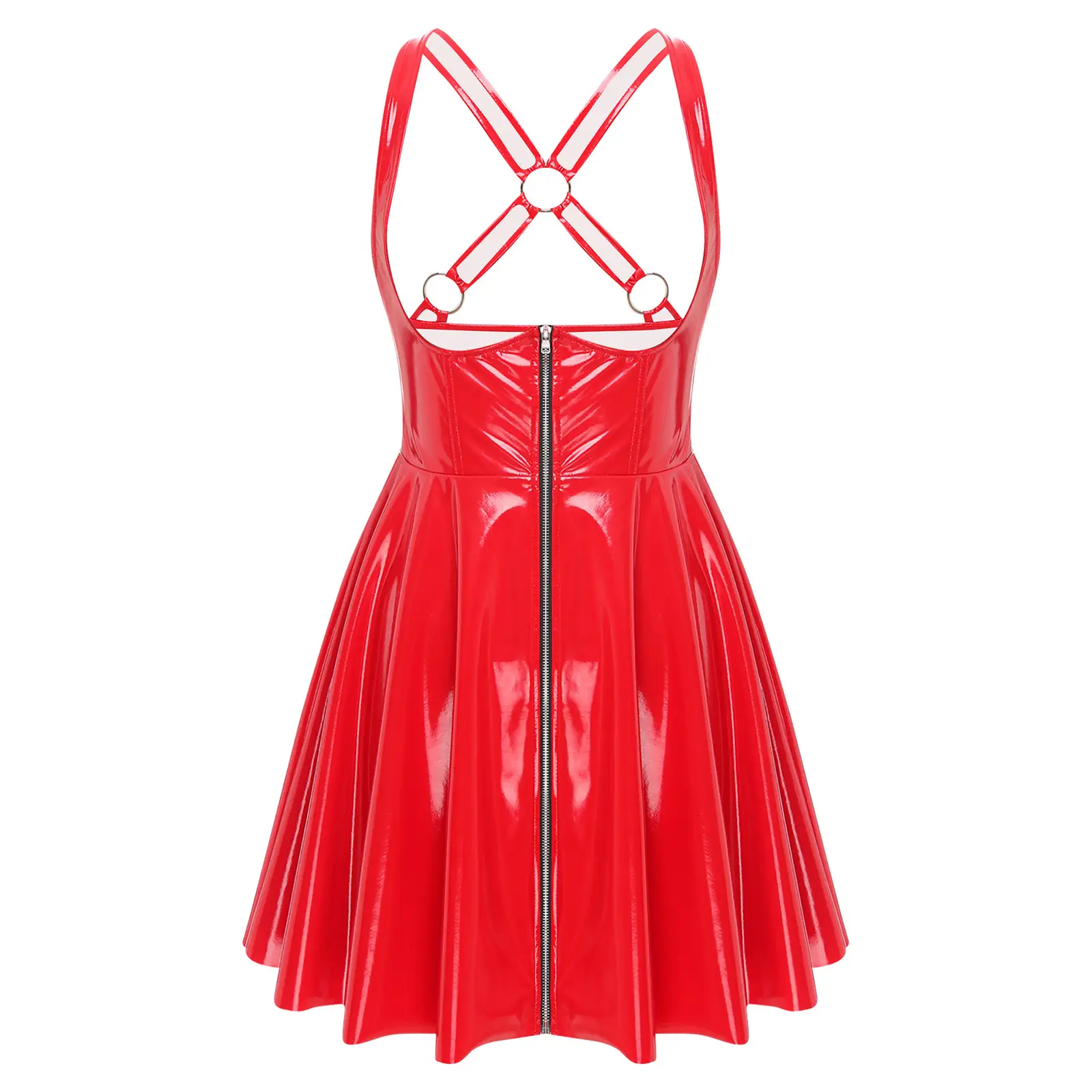 Sexy Women PU Leather Latex Dress Clubwear Low Neckline Front Zip Back Cross