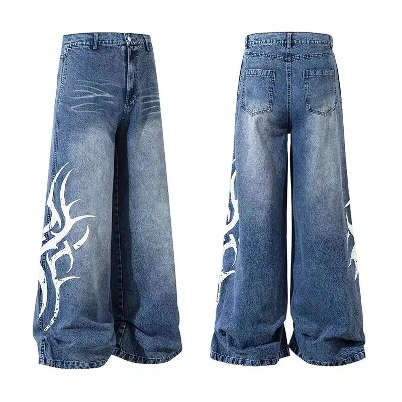Retro Loose Printed Casual Wide-Leg Jeans