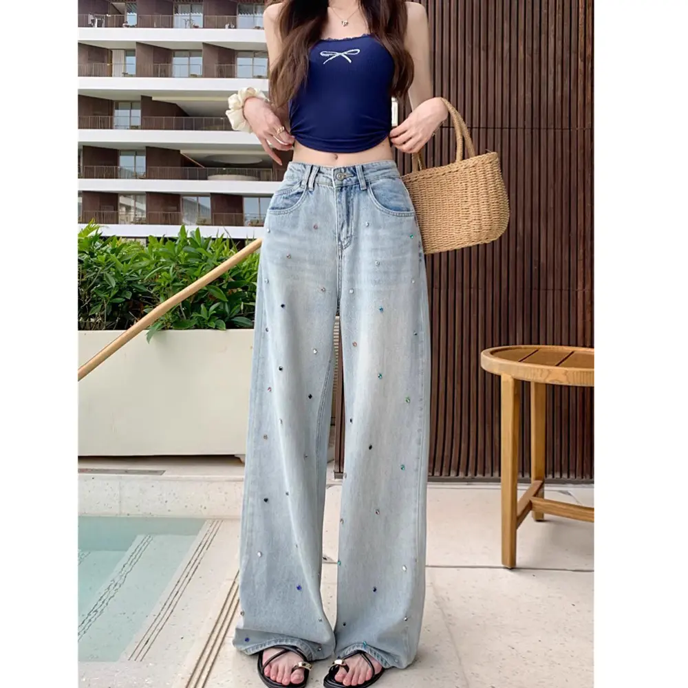 Women's Shiny Colored Rhinestone High-Waisted Jeans