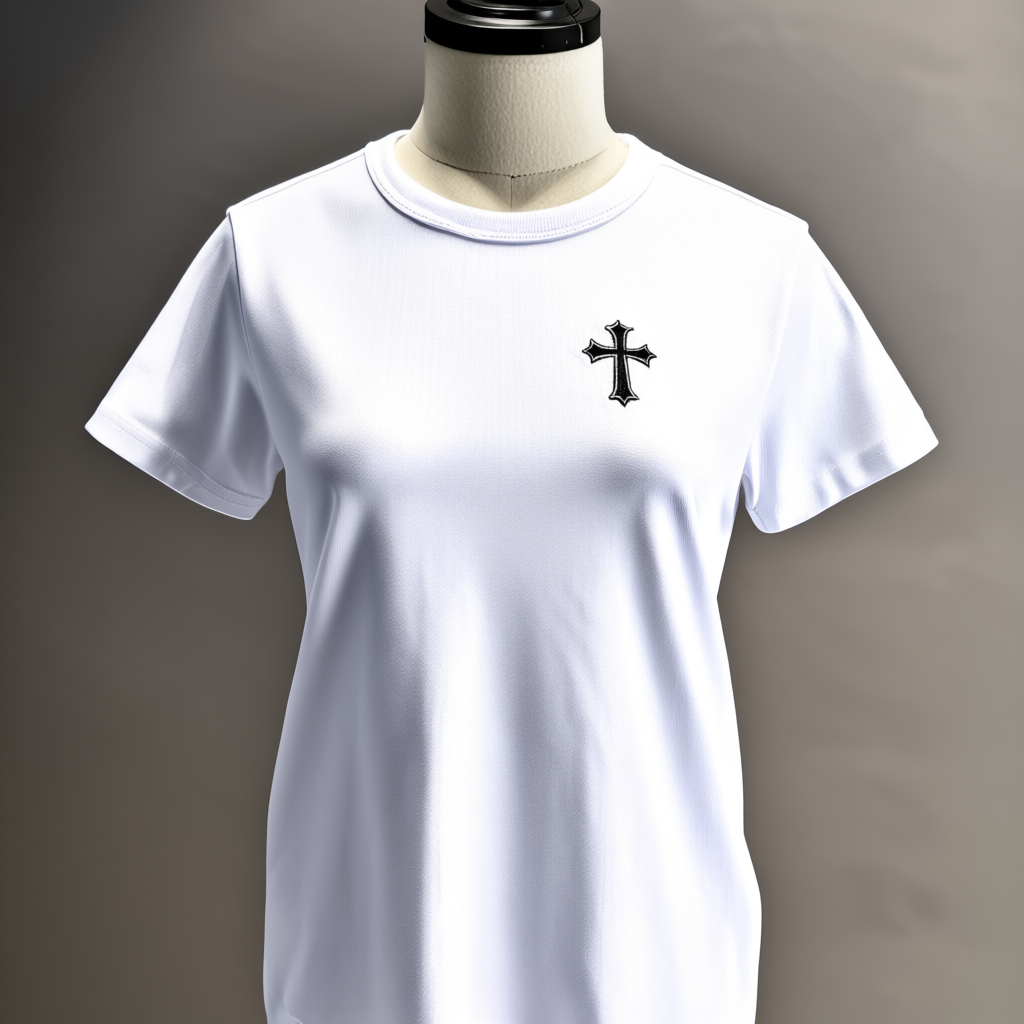 Women's Round Neck T-Shirt with Embroidered Cross Design