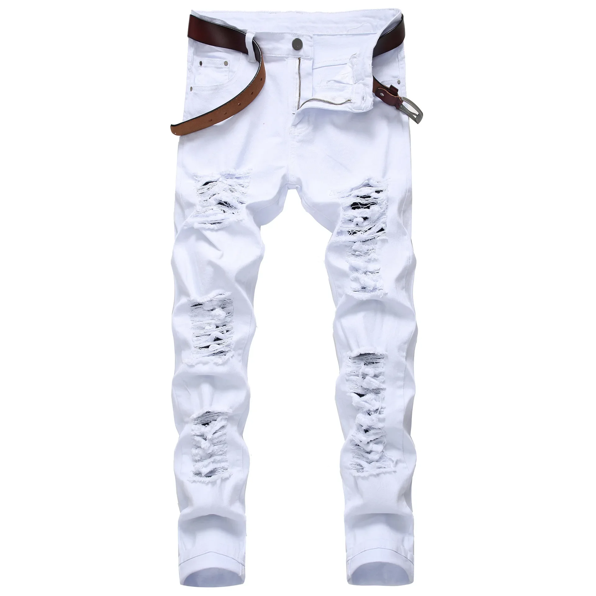 Denim Pants Men's Ruined Hole Jeans Solid Slim Trousers