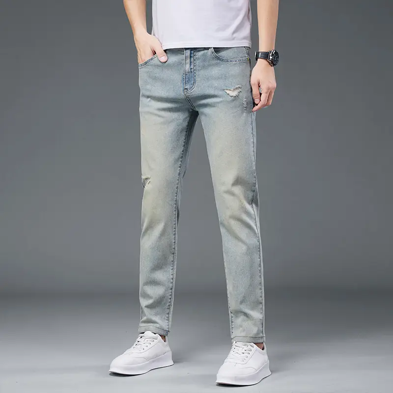 Jeans Men Embroidered Fashion Straight Male Denim Pants Distressed Classic Stretch Comfortable Trousers