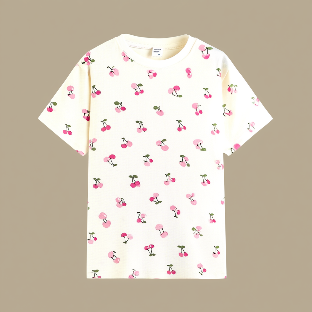 Cherry Print Round Neck Women's T-Shirt