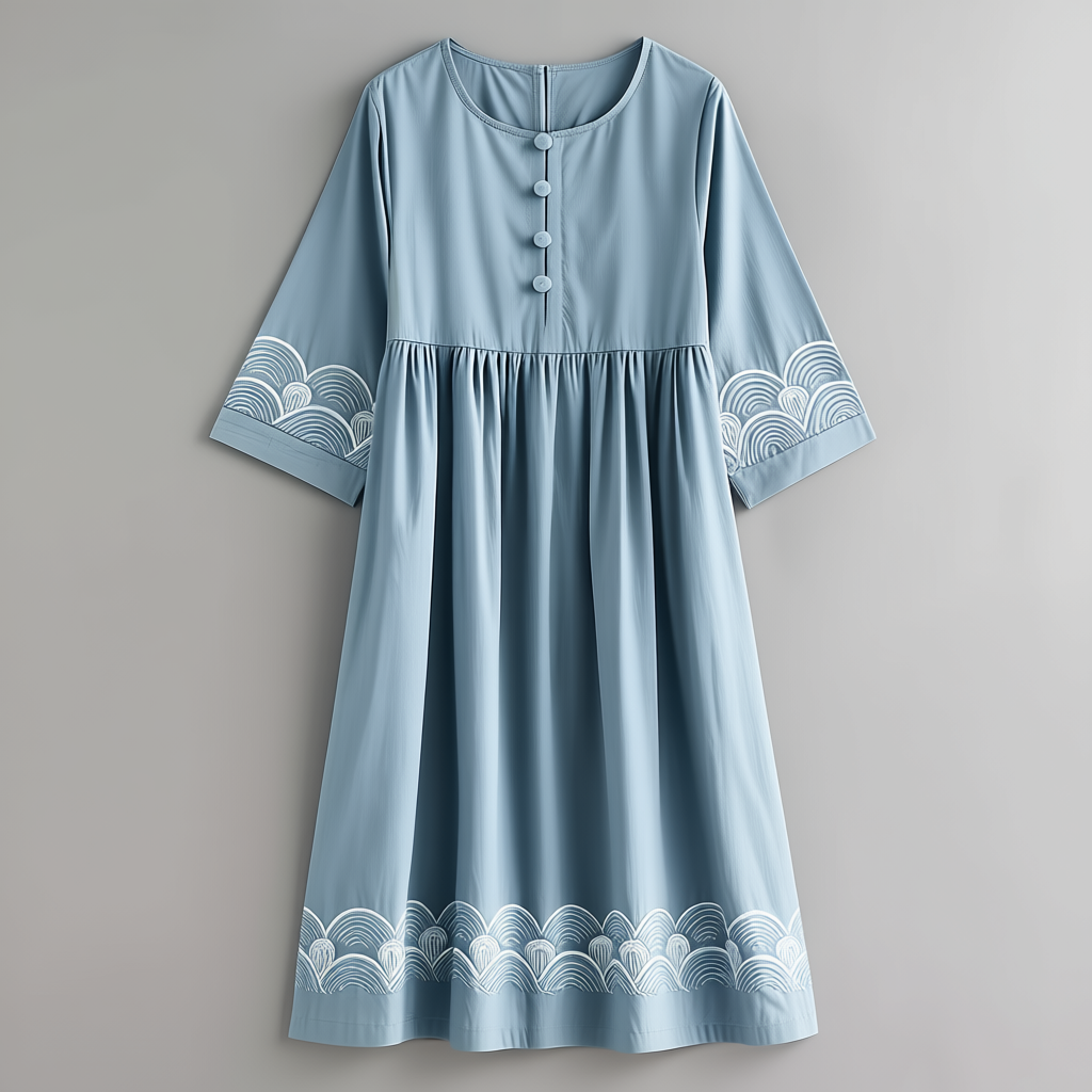 Embroidered Wave Pattern Dress Round Neck